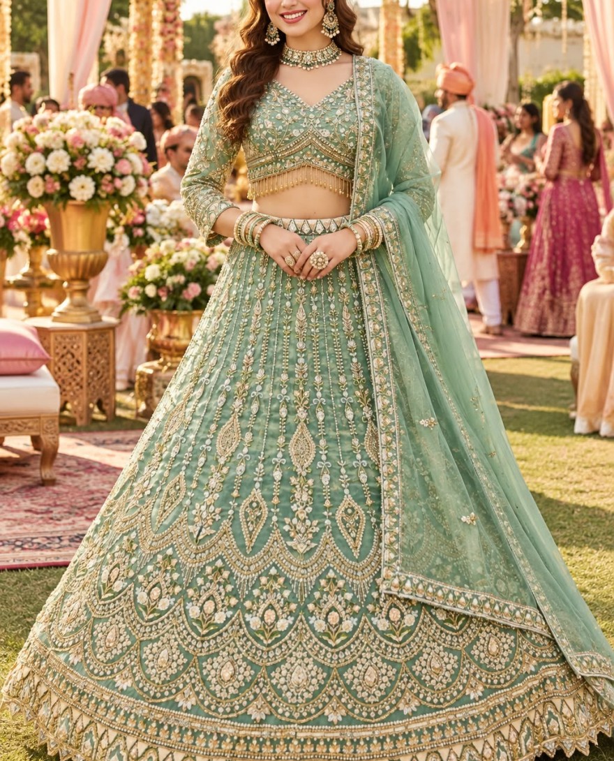 1218 - Green Fancy Fabric Beads, Embroidered and Zari Work Readymade Lehenga Choli